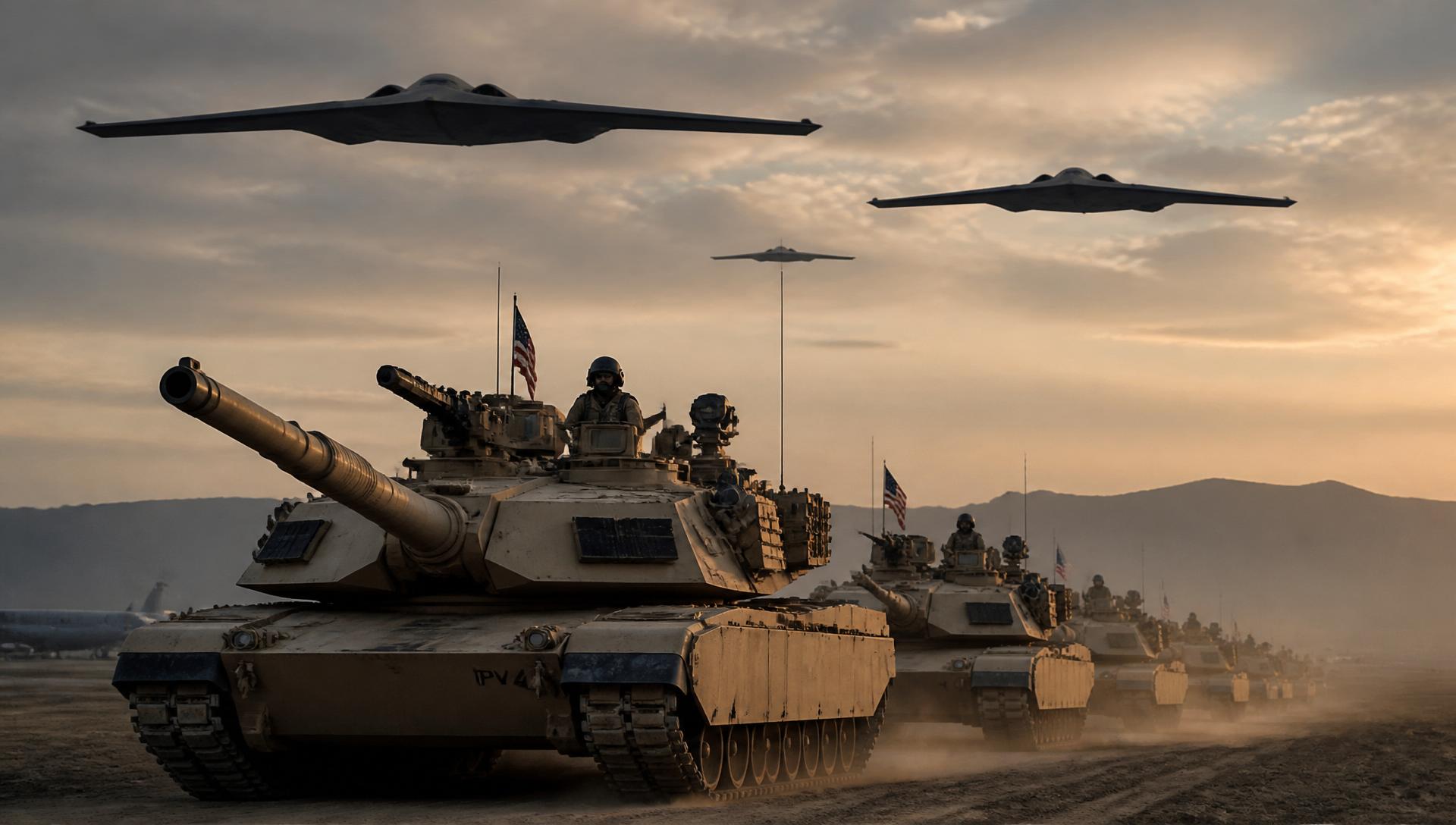 Armored column with strategic bombers overhead